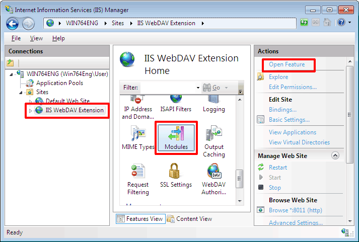 Go to Website on which Microsoft IIS WebDAV Extension is enabled. Select Modules, click Open Feature link