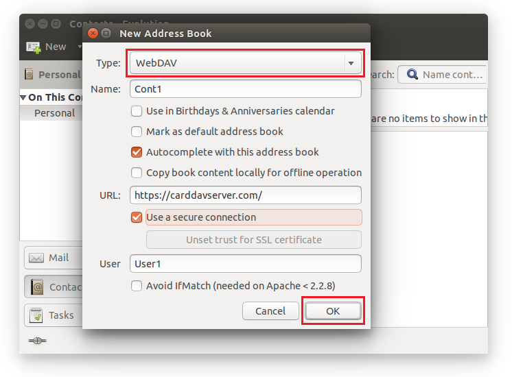 Select CardDAV option, enter Name of Address Book, specify URL, provide User name. Click OK.