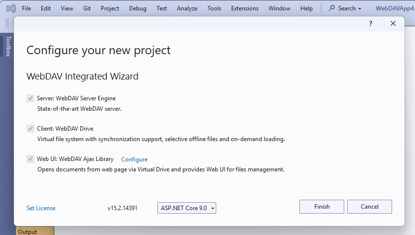 WebDAV Integrated Wizard for Visual Studio. Generates WebDAV Server, Virtual Drive and Web UI projects.